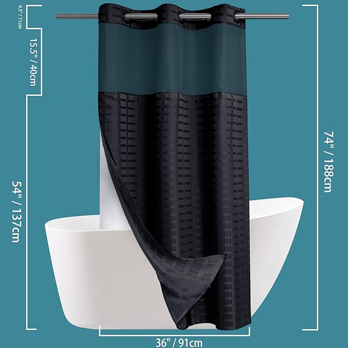 Conbo Mio Stall No Hook Shower Curtain with Snap in Liner Set, Hotel Luxury Black Shower Curtains for Bathroom with See Through Top Window, Waterproof, Washable 36W x 74H