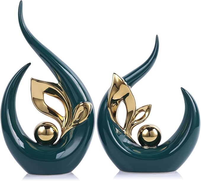 9.4" H Green Gold Abstract Sculptures Home Decor, Ceramic Art Statue Cool Stuff to Put on Shelves&tv Stand Decor, Gold Accent Entertainment Center, for Fireplace Coffee Table Dining Table Decorate