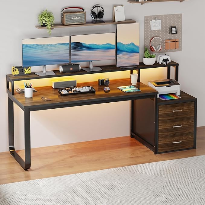 HOMBCK 67" Computer Desk with 3 Drawers, Home Office Desk with Long Monitor Stand and Printer Space, Office Desk with Storage & LED Lights, Writing Desk with Drawers, Black and Walnut