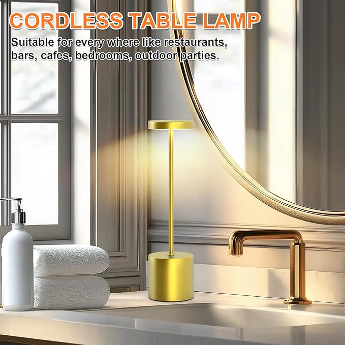 Cordless Table Lamp – 2 Pack Rechargeable Table Lamps, 5000mAh Battery Operated Lamp with 3-Color Dimmable Light, Outdoor Table Lamp for Bedroom, Restaurant, Patio, Home Décor (Gold)