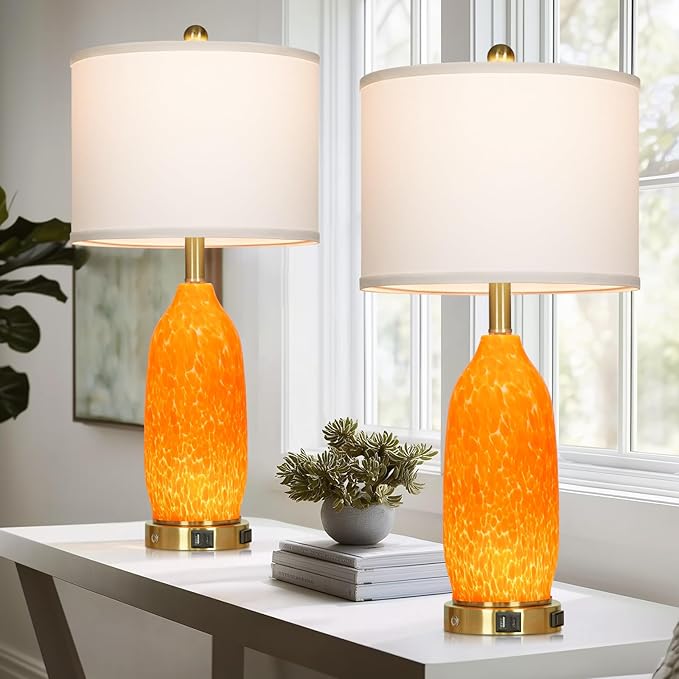 26" Modern Orange Glass Table Lamp Set of 2,Bedside Lamps with USB A+C Ports & AC Outlet, Nightstand Lamp with 3-Way Dimmable Touch Control Night Light for Bedroom Living Room(Bulbs Included)