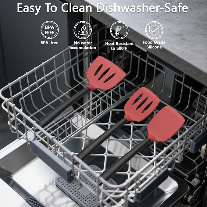 Coukre Silicone Kitchen Cooking Utensils Set with Holder – Heat-Resistant, Food-Grade Kitchen Tools, Spatula, Spoon & Gadgets for Non-Stick Pans, Dishwasher Safe (14, Red)