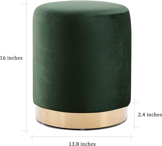 DAGONHIL Modern Round Velvet Ottoman,Upholstered Make-up Short Foot Stools with Gold Plating Base,Pack of 1,Green