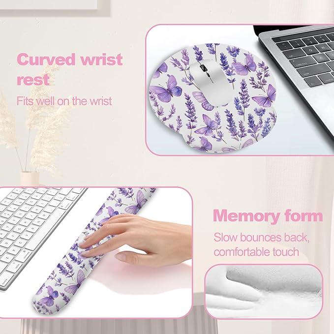 Lavender Butterfly Mouse Pad with Wrist Rest and Keyboard Wrist Rest Set, Non-Slip Rubber Base Memory Foam Mouse Pad Set for Women, Office Desk Accessories, Gaming