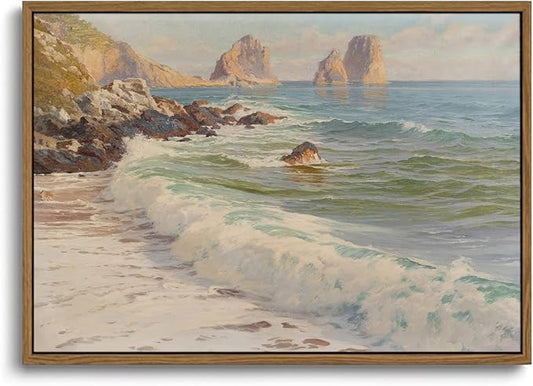 KISSFOX Vintage Ocean Canvas Wall Art Framed Nature Coastal Beach Seascape Paintings Prints Gallery Artwork Aesthetic Pictures Decor Living Room Bathroom Office Bedroom