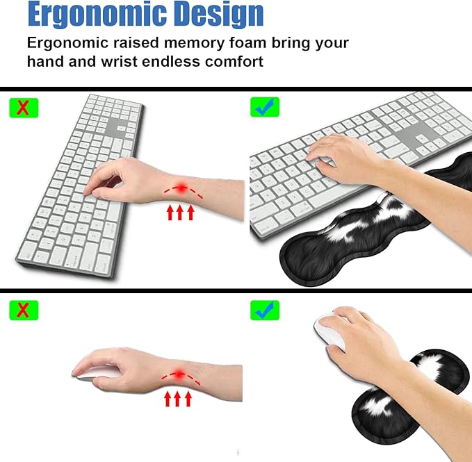 4 in 1 Ergonomic Memory Foam Mouse Pad Wrist Rest Set, Large XXL Gaming Desk Pad + Keyboard Wrist Rest + Mouse Wrist Cushion + Coaster for Home Office Study Gaming, Black and White Cow Print