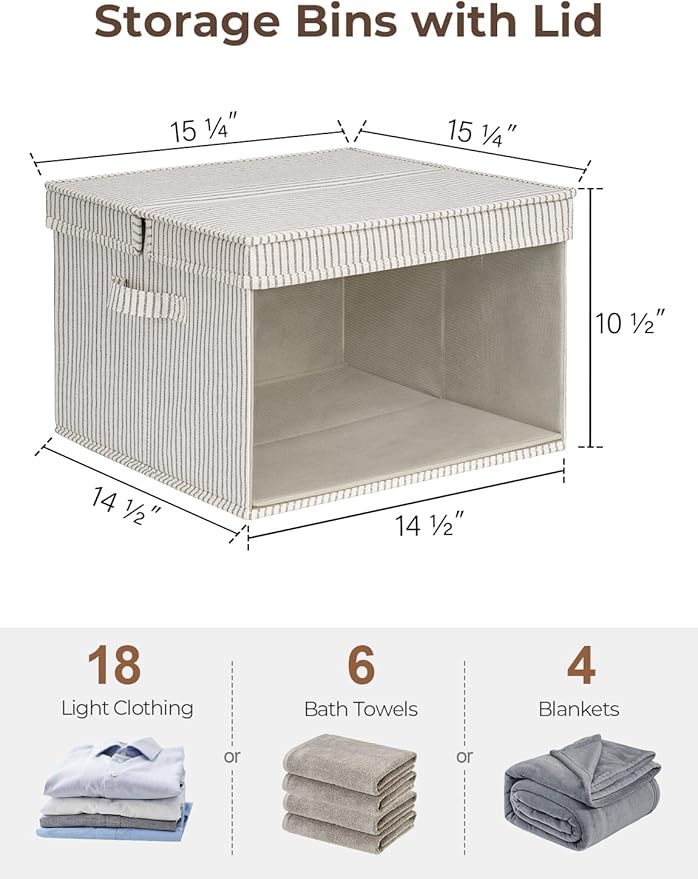 StorageWorks Storage Bins with Lid and Clear Window, Fabric Storage Boxes with Lids, Stackable Basket for Shelves, Closet Organizer and Storage Bins, Khaki and Beige Stripes, Jumbo, 4-Pack