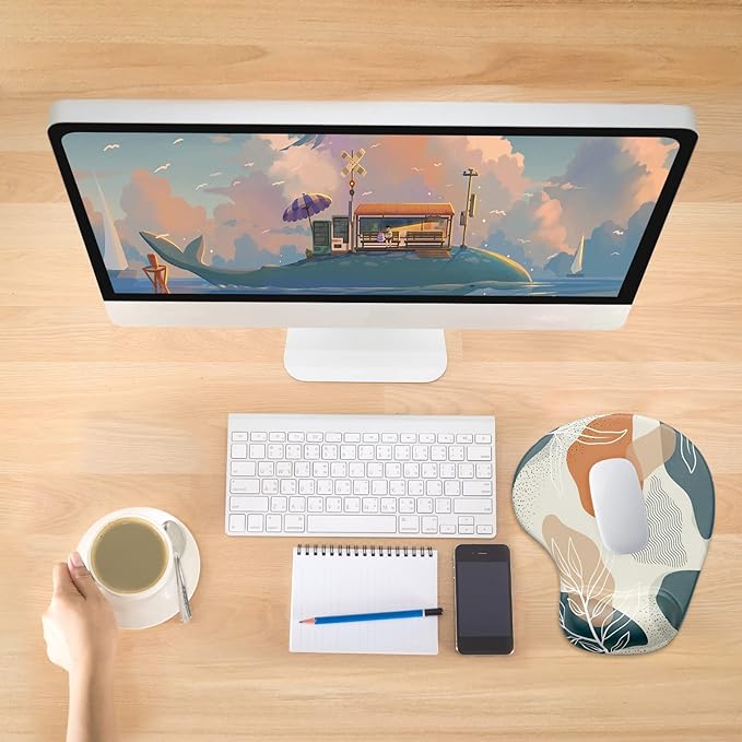 Hsurbtra Ergonomic Mouse Pad with Wrist Rest Support, Gel Mouse Pads with Non-Slip PU Base, Pain Relief Memory Foam Computer Mat, Cute Office Supplies Desk Decro Accessories, White Line