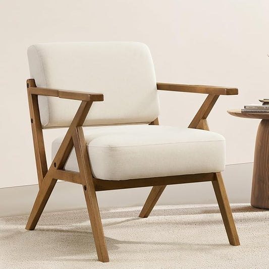 Mid Century Modern Chair Beige Accent Chair Upholstered Armchair with Solid Wood Frame Comfy Reading Nook Chair Lounge Chairs for Living Room Bedroom, Linen