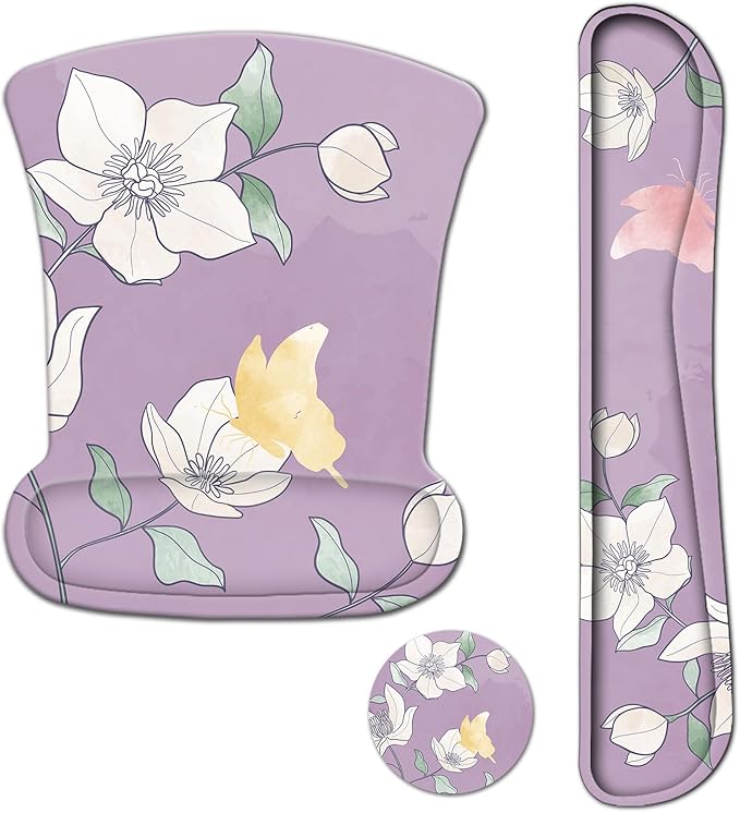 AIMSA Ergonomic Mouse Pad with Wrist Rest and Keyboard Wrist Rest, Ergonomic Memory Foam Wrist Support for Mouse and Keyboard, Easy Typing, Pain Relief, Purple Flower
