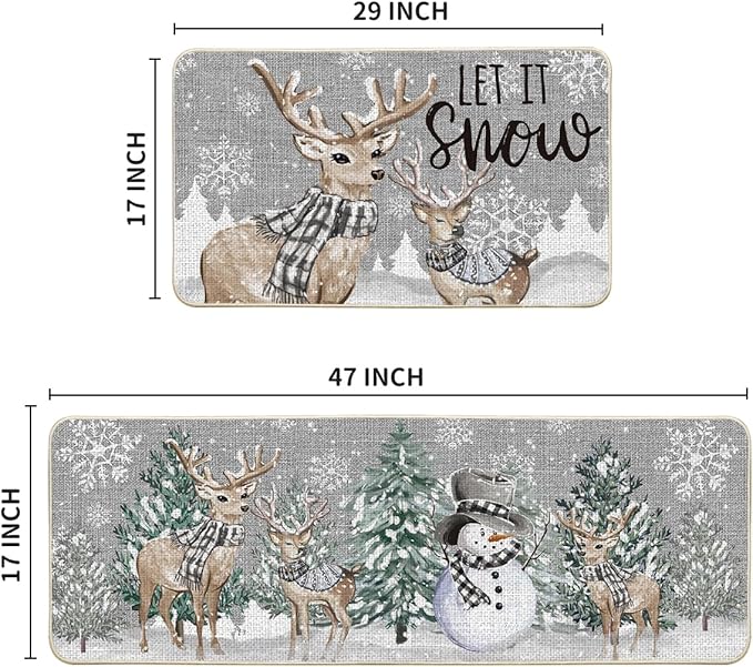 Artoid Mode Deer Tree Let It Sonw Snowflakes Christmas Kitchen Mats Set of 2, Winter Decor Low-Profile Kitchen Rugs for Floor - 17x29 and 17x47 Inch