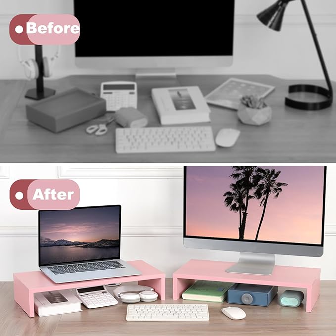 TEAMIX Pink Monitor Riser-20L inch, Wood Monitor Stand for Desk, Sturdy TV/Screen/PC/Printer/Laptop Riser,Computer Shelf with Storage TV Holder for Home Office (Pink, 20 inch)