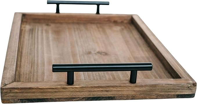 Decorative Ottoman Serving Tray Wooden Rustic (Set of 2) | Black Sleek Metal Handles | 4 Matching Coasters | Coffee Table Decor | Serving Kitchen Platter (Brown)