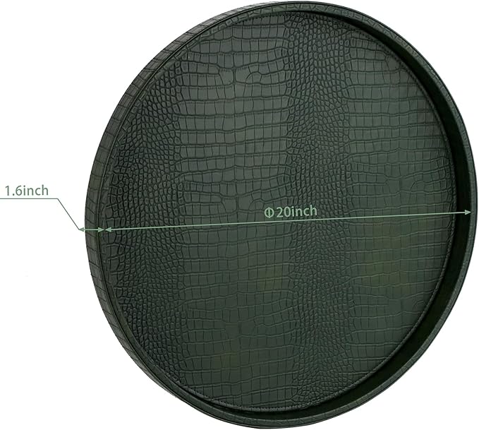 HofferRuffer Round Serving Tray 20'', Elegant Faux Leather Circle Ottoman Table Tray, Serve Tea Coffee Breakfast in Bedroom Living Room Kitchen(Green, 20")