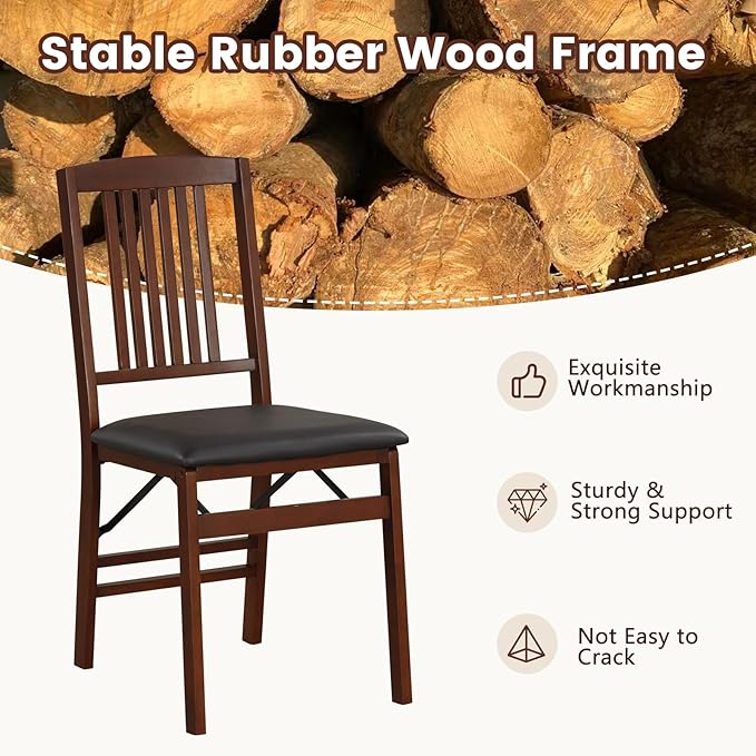 POWERSTONE Folding Dining Chairs Set of 2, Space Saving Foldable Kitchen Chairs with Padded Seat, Slatted Backrest, Solid Wood Frame, No Assembly for Dining Room Apartment Small Spaces