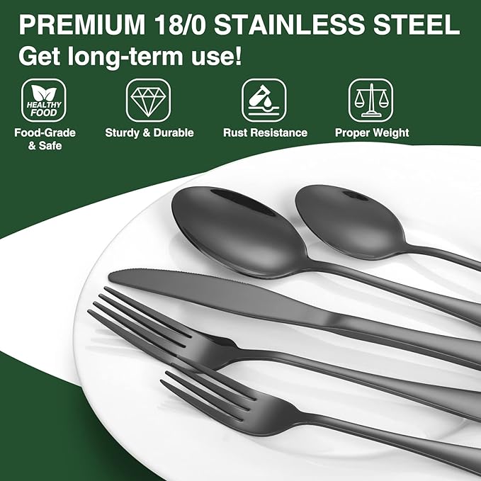 60-Piece Black Silverware Set with Organizer, AIVIKI Stainless Steel Flatware for 12, Cutlery Utensil Set for Home Restaurant, Tableware Includes Knife Fork Spoon Set, Mirror Polished