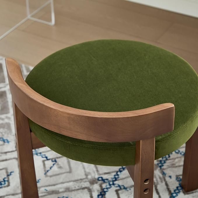 LukeAlon Cute Velvet Upholstered Vanity Stool, Round Makeup Stool with Wooden Legs Small Ottoman Chair Modern Padded Seat for Makeup Room Cloakroom Bedroom Entryway, Vintage Green