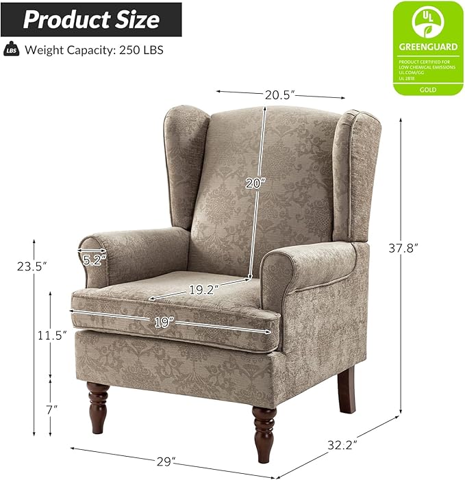 HULALA HOME Wingback Accent Chairs Set of 2 with Retro Wood Legs, Traditional Fabric Armchairs for Bedroom Living Room, Comfy Upholstered Sofa Chairs Reading Chairs with Unique Pattern Design, Brocade