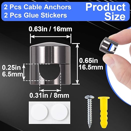 2 Sets Charger Holders for Cords, Black Adjustable Cable Anchor Holders, Adhesive Metal Cord Clips, Cable Management Wire Organizers for Desk, Office, Nightstand