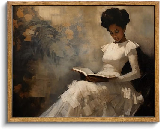 KISSFOX Vintage Portrait Framed Wall Art African American Canvas Wall Art Neutral Rustic Woman Reading Paintings Artwork Serene Countryside Art Prints For Bedroom Living Room