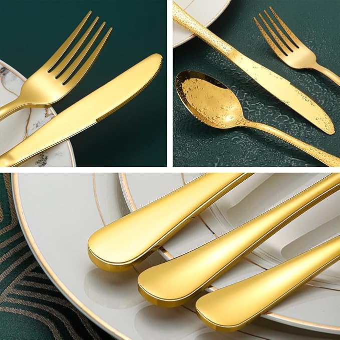 Gold Silverware Set for 12, Compralo 60 Pieces Stainless Steel Shiny Gold Flatware Set, Cutlery Tableware Set Include Spoons, Forks, Knives for Home and Restaurant