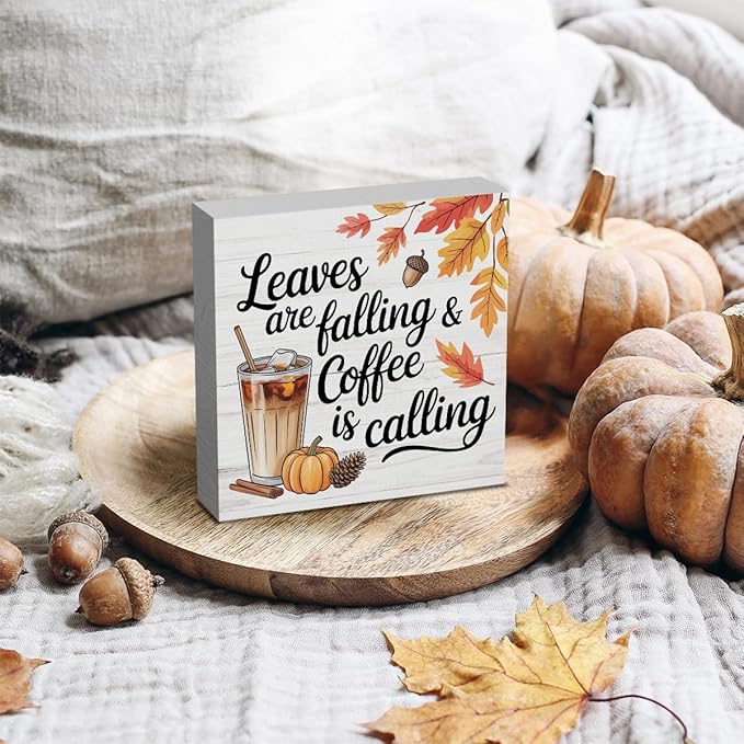 HTBIG Autumn Decor leaves Are falling & coffee Is Calling Wooden Box logo Office Table Bookshelf Decor Suitable For Country Style Farmhouse Coffee Station Desktop Use 5 x 5 Inch