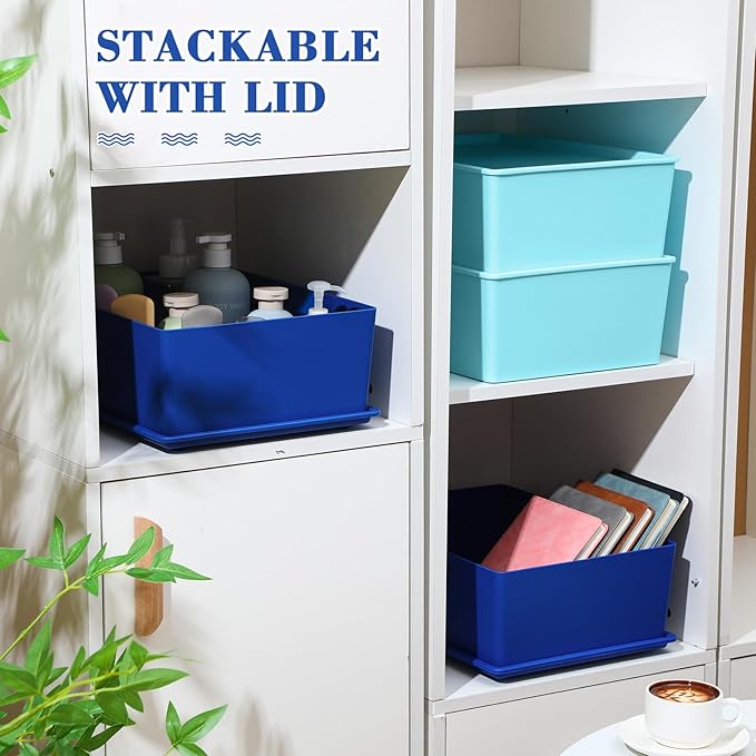 Menkxi 4 Pcs Storage Bins with Lids Plastic Containers Stackable Storage Box Baskets for Organizing Shelves(Dark Blue, Light Blue,Large)