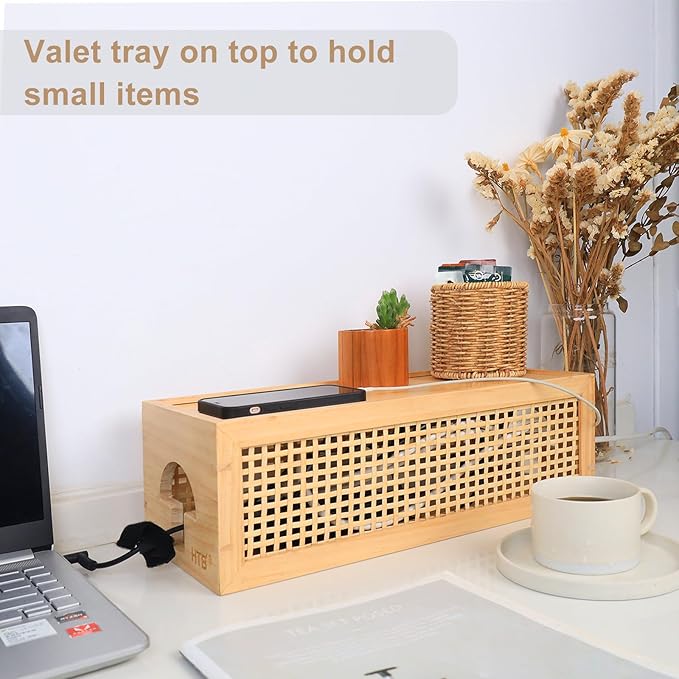 HTB Pinewood Cable Management Box with Bamboo Rattan Mesh - Vintage Cord Organizer for Desk with Valet Tray, Pull-Out Lid Design Safe for Kids and Pets