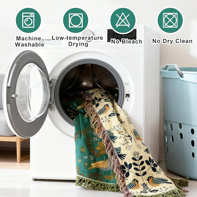 Boho Throw Blanket 90"x90", Soft Cozy 100% Cotton Blanket for Bed, Fall Blankets with Floral Bird Farmhouse Decor Breathable Lightweight Queen Size All Season