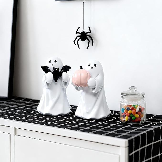 2Packs Halloween Ghost Figurine Decor,Cute Hallowen Statue for Home Decorative, Funny Spooky Hugging Pumpkins & Bats Figurine Hallowee Decor for Desk Office Table Centerpieces Ornament