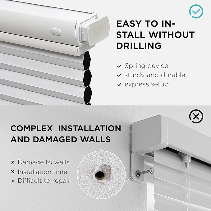 Joydeco No Tools No Drill Blinds for Indoor Windows, Cordless Window Blinds Cellular Shades Top Down Bottom Up Blackout Honeycomb Blinds Thermal Insulated Noise Reduction (White, Custom Size)