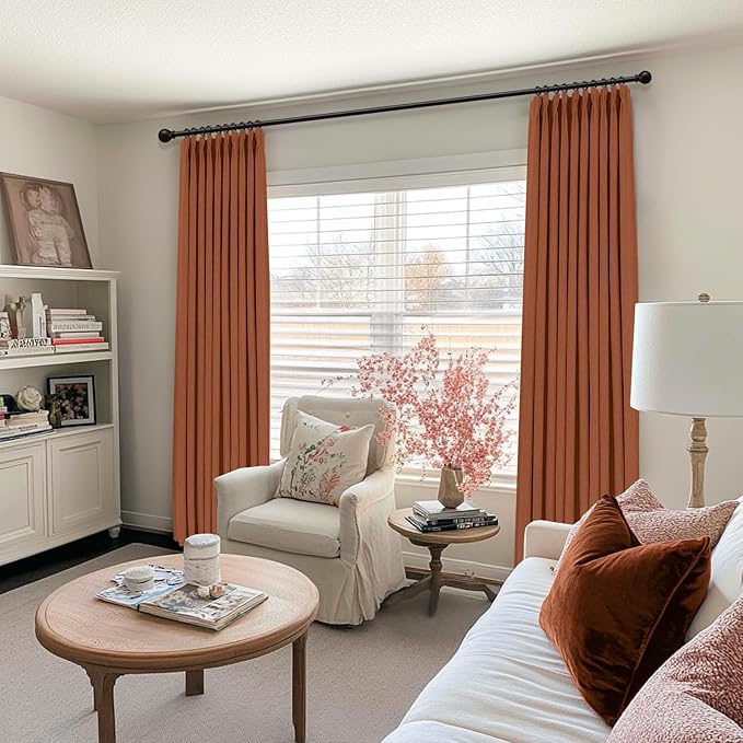 100% Blackout Shield Linen Look Textured Pinch Pleated Curtains Blackout Drapes 120 Inch Long 2 Panels Set, Faux Linen Blackout Curtains for Bedroom & Living Room, 40" W x 120" L, Burnt Orange