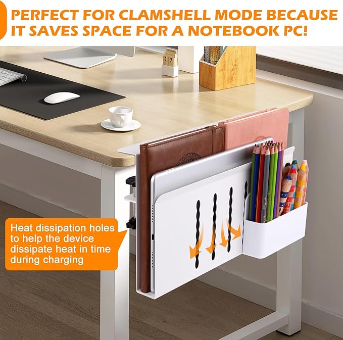 Desk Side Storage, Under Desk Laptop Mount, Table Side Hanging File Organizer, No Drill Clamp On Cable Management Tray, Laptop Holder with Magnetic Pen Holder for Office and Home
