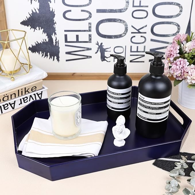 Navy Blue Octagonal Serving Tray with Handles for Coffee Table, Plastic Decorative Tray for Ottoman, Kitchen Counter, Living Room, Outdoor Lacquer Tray for Entertaining