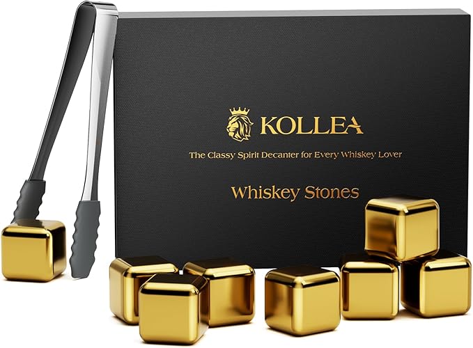Kollea Whiskey Stones, 8-Pack Golden Stainless Steel Whiskey Chilling Rocks, Reusable Ice Cube for Drinking, Rum Cocktail Drink Accessories, Bartender Kit, House Warming Gifts New Home, Drinking Bar