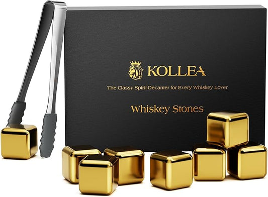 Kollea Whiskey Stones, 8-Pack Golden Stainless Steel Whiskey Chilling Rocks, Reusable Ice Cube for Drinking, Rum Cocktail Drink Accessories, Bartender Kit, House Warming Gifts New Home, Drinking Bar