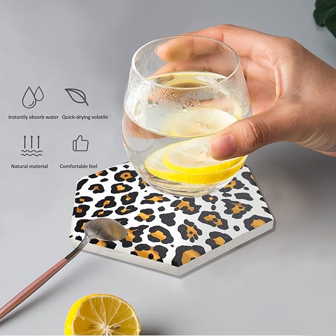 8 Pcs Drink Coasters with Metal Holder Stand, Leopard Print Design Ceramic Coaster Set, Cork Base, for Tabletop Protection, Home Decor, Bar Coasters(Leopard 1)