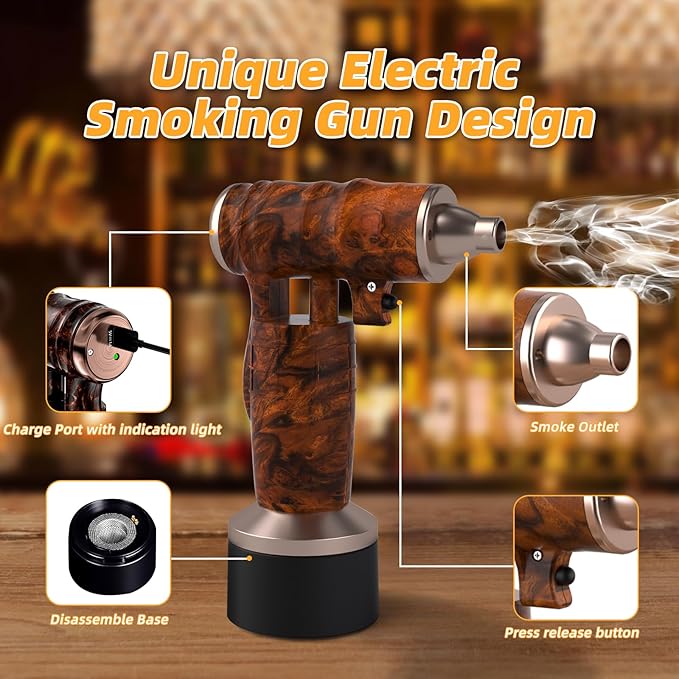 Whiskey Smoker Electric Set Bourbon Gifts for Men Old Fashioned Smoker Drink With 6 Wood Chips and 6 Whiskey Stones Food and Cocktail Smoked Kitchen Bar Tools Cool Christmas White Elephant Gifts Brown