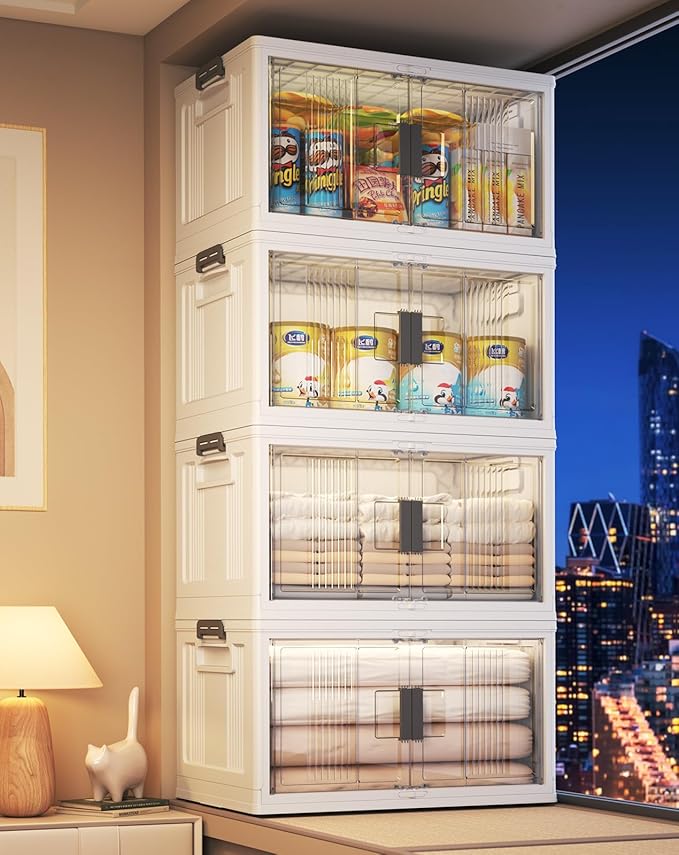 OlarHike 76QT Lockable Storage Bins with Lids - Folding Storage box with Doors and Wheels, Collapsible Plastic Storage Bins for Closets, Stackable Storage Organizer, Storage Containers, 4 Pack Cubes