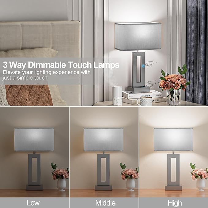 Bedroom Table Lamps Set of 2 - Grey Touch Bedside Lamps with USB C+A, 3 Way Dimmable Gold Lamp for Nightstand, Modern Night Stands Lamps for Living Room End Tables