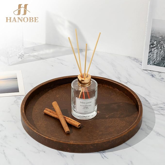 Hanobe Decorative Tray Round Serving: Faux Leather Coffee Table Trays Decor 12 inch Small Brown Circle for Bar Ottoman Party Modern Home Kitchen Counter Centerpiece