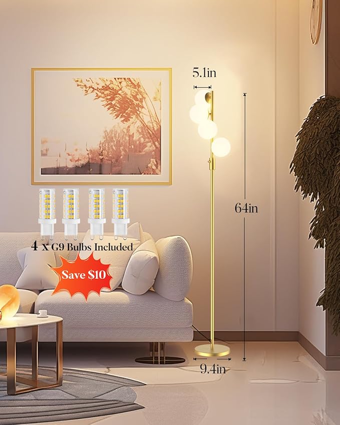 Lightdot 64IN Dimmable (Brightness Adjustable) Globe Floor Lamp, Gold Standing Lamps with 4PCS 3000K G9 Bulbs Soft Warm White Eye Care, Mid Century Modern Floor Lamp for Living Room