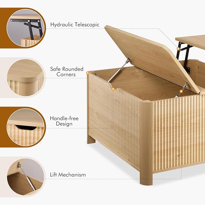 LYNCOHOME Fluted Lift Top Coffee Table with Storage, Square Coffee Tables for Living Room, Coffee Table with Large Hidden Storage Compartment and Adjustable Shelves，Natural