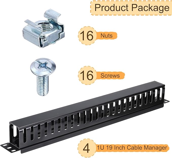PATIKIL 1U 19 Inch Cable Manager, 4 Pack 24 Slot Horizontal Rack Mount Wires Management Metal Finger Duct Wire Organizer for Network Cabinet, Black