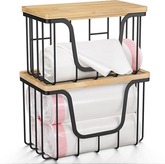 KONE Trash Bag Holder, 2 Pack Garbage Bag Dispenser, Storage Stackable Kitchen Organizer with Bamboo Top, Wall Mount Laundry Pantry Organization Black