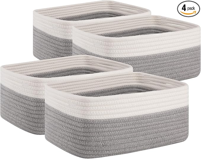 OIAHOMY 4 Pack Storage Baskets for Organizing, Small Bins for Shelves, Cute Decorative Storage Bins, Organizer Baskets for Gifts Empty,13''Lx8.7''Wx5.1''H, Grey/White
