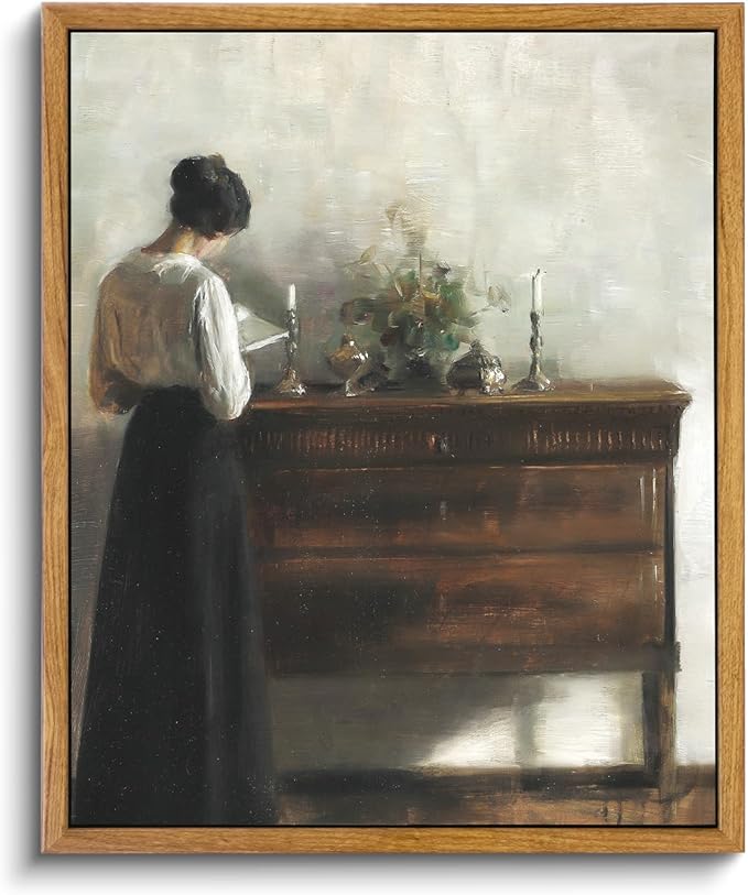 VIYYIEA Framed Wall Art Vintage Decor, Classical Reading Woman Portrait Painting, Canvas Print Artwork, Retro Farmhouse Decor for Bathroom Bedroom, 9"x11"