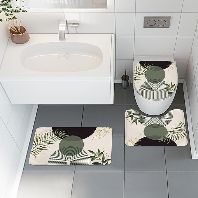 4 PCS Dark Green Boho 72Wx72H Shower Curtain Set Modern Mid Century Leaves Plant Bath Rug Toilet Lid Cover Nonslip U Shape Mat Quick Dry Accessories Bathroom Decor with 12 Hooks