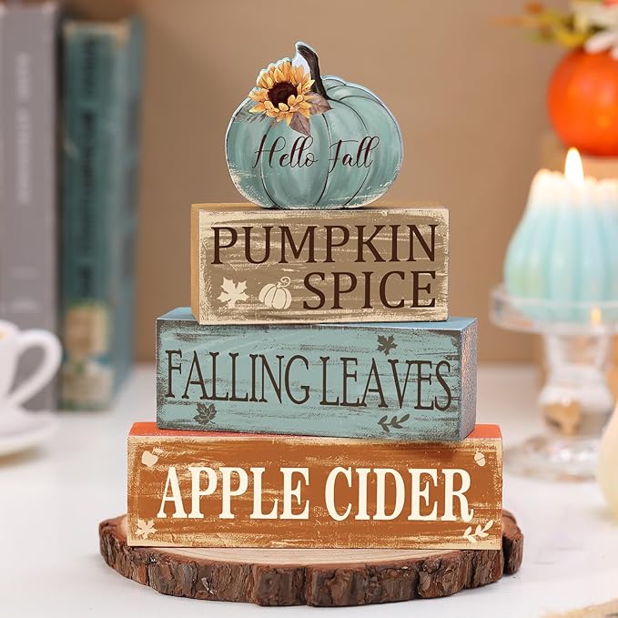 4 Pcs Fall Decor for Home Hello Fall Wooden Signs with Sunflower Autumn Thanksgiving Tiered Tray Decor Pumpkin Spice Tabletop Centerpiece Falling Leaves Block Signs for Office Kitchen Shelf