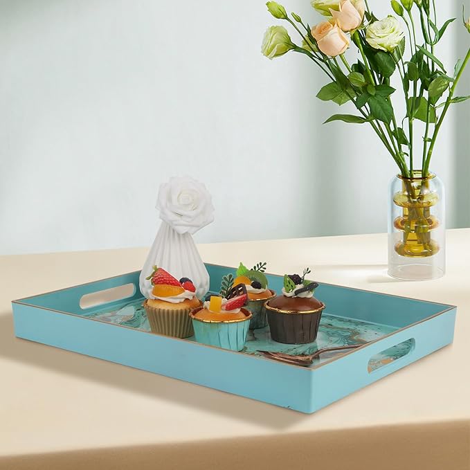 Sturdy Acrylic Serving Tray with Handles-15.7x11.8Inch, Morden Plastic Rectangular Serving Tray for Coffee Table Bathroom, Ottoman, Home Decor (Rectangular - Turquoise)